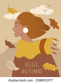 ilustración vectorial en estilo plano. tarjeta de otoño con una chica de cabello rojo, hojas de otoño y la inscripción hola otoño