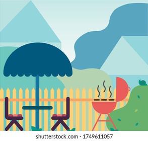 Vector Illustration In Flat Style Backyard With Awning And Chairs And 
B-B-Q BBQ