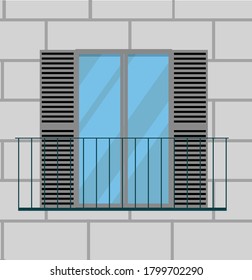 ilustración vectorial en estilo plano. balcón con barandillas metálicas y puertas completamente acristaladas. pared de plástico para mampostería. balcón abierto con persianas. 