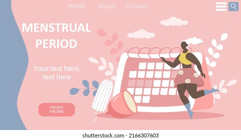 vector illustration in a flat style, a banner for a website on the theme of the menstrual period. Calendar, menstrual cup, girl, tampon and flowers