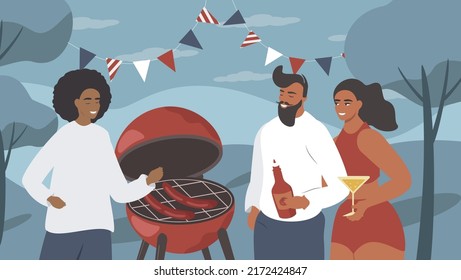 vector illustration in a flat style, a banner for a website on the theme of a barbecue party. Barbecue grill with sausages and happy people