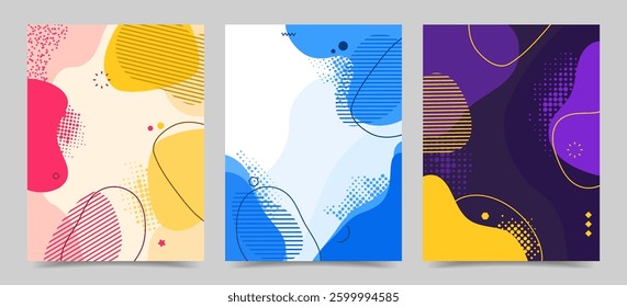 Vector illustration. Flat style banner template. Fluid shapes and lines with halftone dots background. Design elements for cover, brochure, magazine, poster, flyer. Trendy abstract colorful wallpaper