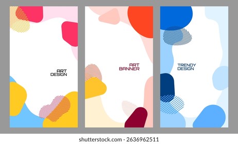 Vector illustration. Flat style banner template. Fluid shapes and lines with linear circles. Design elements for flyer, leaflet, voucher, vertical background. Trendy abstract colorful wallpaper