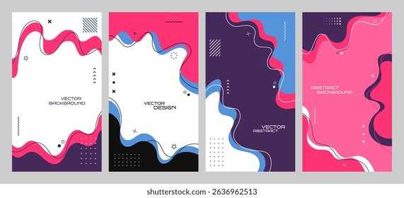 Vector illustration. Flat style banner template. Fluid shapes and lines with memphis pattern. Design elements for flyer, leaflet, voucher, vertical background. Trendy abstract colorful wallpaper