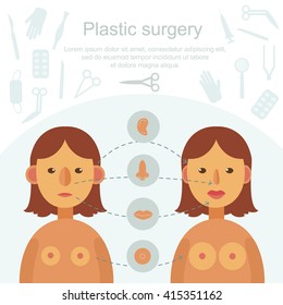 Vector illustration in a flat style. Banner plastic surgery and correction of face and breast.