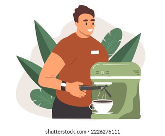 
vector illustration in flat style. barista pouring coffee from a coffee machine