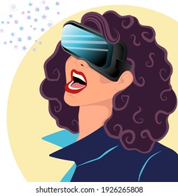 Vector illustration in flat style. Beautiful girl in virtual reality glasses.