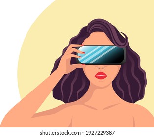 Vector illustration in a flat style. Beautiful dark-haired lady wearing virtual reality glasses.