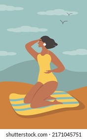 Vektorgrafik in einem flachen Stil - ein schönes Mädchen in Badebekleidung sonnt sich am Strand