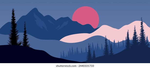 Vector illustration. In a flat style. A beautiful gradient landscape. Modern style. Suitable for banner, screensaver, business card, postcards, posters.