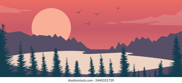 Vector illustration. In a flat style. A beautiful gradient landscape. Modern style. Suitable for banner, screensaver, business card, postcards, posters.