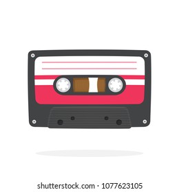 Vector illustration in flat style. Black retro audio cassette. Analog media for recording and listening stereo. Old-fashioned tape cassette. Isolated on white background