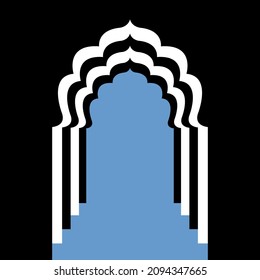 Vector illustration in a flat style, black and white arched entrance on a blue background