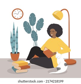 vector illustration in a flat style - a black woman reads a book