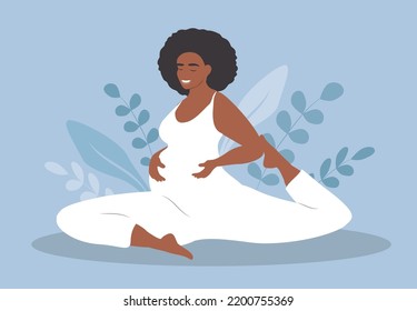 vector illustration in flat style black pregnant woman doing yoga
