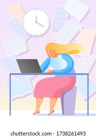 Vector illustration. Flat style. Bored woman. Sitting girl. Young woman fall asleep. Tired worker. To do lists. Books. Office work. Colorful illustration.