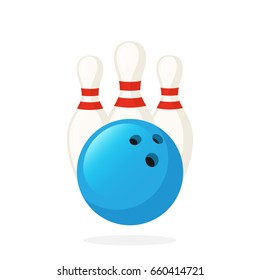 Vector illustration in flat style. Bowling ball and pins. Sports equipment. Decoration for greeting cards, prints for clothes, posters, wallpapers