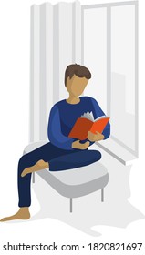 Vector illustration in flat style boy, man reads a book while sitting on the sofa by the window.