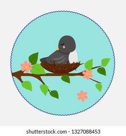 Vector illustration in flat style. Branch nest and bird