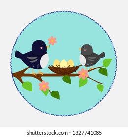 Vector illustration in flat style. Branch nest and birds