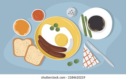 vector illustration in flat style. breakfast - fried eggs, toast, coffee
