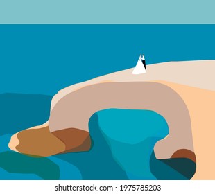 Vector illustration in flat style, Bridge of Love, bridge of Lovers, Cape Cavo Greco, Ayia Napa, Cyprus. The Mediterranean Sea and the wedding couple. EPS 10.