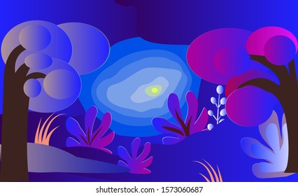 Vector illustration in a flat style with bright gradients. Background for banner, poster. Night landscape.