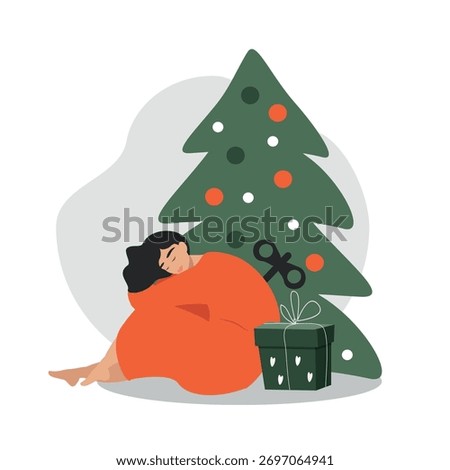 vector illustration in flat style. burmout in christmas. sad girl and xmas tree