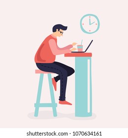 Vector illustration in flat style with business man character - guy sitting at the desk with laptop - start up, freelance and outsource work concept - infographics design element and concept