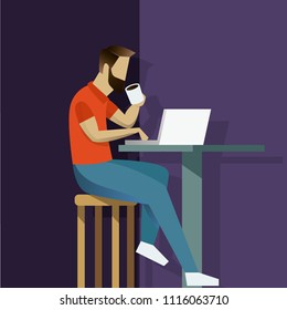 Vector illustration in flat style with business man character - guy sitting at the desk with laptop - start up, freelance and outsource work concept
