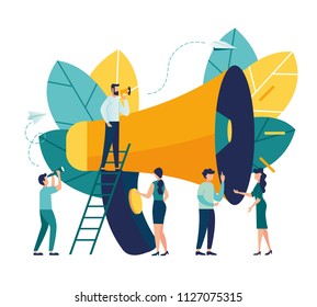 Vector illustration, flat style, business promotion, advertising, call through the horn, online alerting