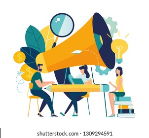 Vector illustration, flat style, business promotion, advertising, call through the horn, online alerting - Vector 