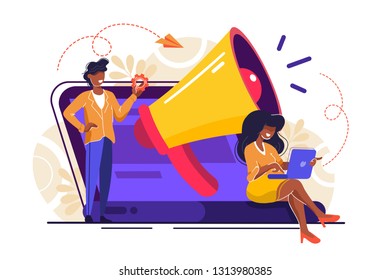 Vector illustration, flat style, business promotion on the Internet for a web page, advertising, calling through a shout, online alerting 