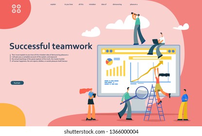Vector illustration in flat style  - business analytics and marketing concept - team working on business report and analytics - business growth