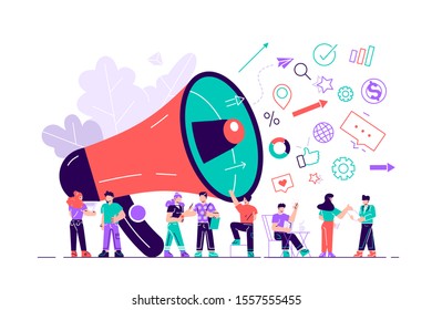 Vector illustration, flat style, business promotion, advertising, call through the horn, online alerting - Vector. Flat style modern design illustration for web page, cards, poster, social media