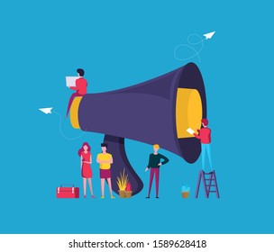 Vector illustration, flat style, business promotion, advertising, call through the horn, online alerting