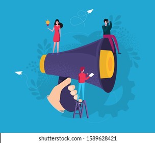 Vector illustration, flat style, business promotion, advertising, call through the horn, online alerting
