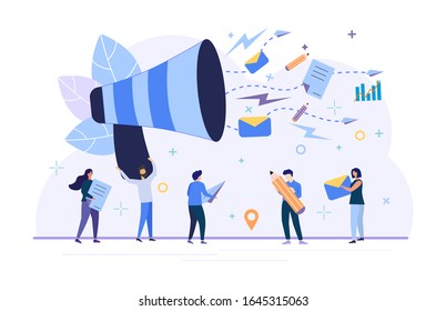 Vector illustration, flat style, business promotion, advertising, horn call, online alert. Illustration of modern design for web page, flyer, poster, social media