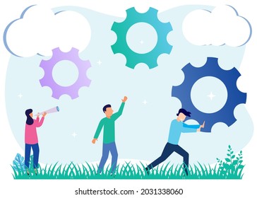 Vector illustration of flat style business mechanism with gears, people involved in business promotion, strategy analysis, teamwork.