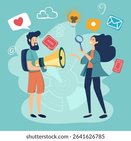  Vector illustration, flat style, business promotion, advertising, call through the horn, online alerting. Advertising : Social community concept.