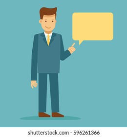 Vector illustration in flat style with business man character - guy making business presentation  with speech bubble with copy space for text - infographics design element and concept