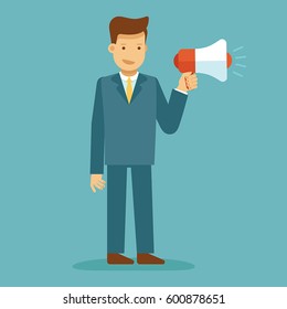 Vector illustration in flat style with business man character - guy standing and holding megaphone - marketing and advertising concept - infographics design element and concept