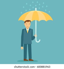 Vector illustration in flat style with business man character - guy standing and holding umbrella - business insurance concept - infographics design element and concept