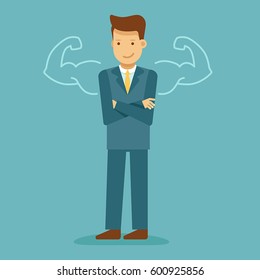 Vector illustration in flat style with business man character - guy with drawn strong arms - business motivation and inspiration concept - infographics design element 
