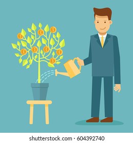 Vector illustration in flat style with business man character - guy watering green tree with coins - business development and investment concept - infographics design element 