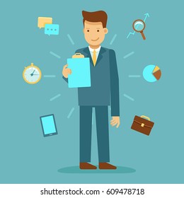 Vector illustration in flat style with business man character - guy standing and holding business report  - infographics design element and concept