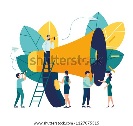 Vector illustration, flat style, business promotion, advertising, call through the horn, online alerting
