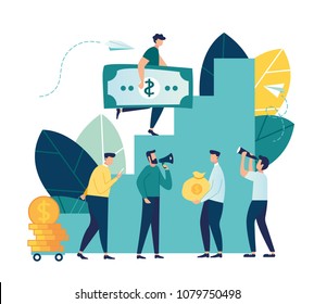 Vector illustration, flat style, businessman running down the stairs and holding money, planning career, concept of career growth, teamwork vector