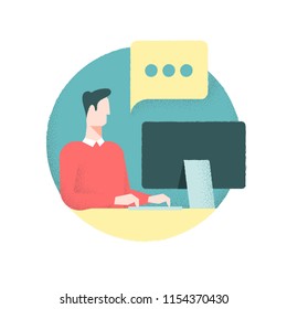 Vector illustration, flat style, businessman working and talking in front of computer