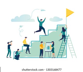 Vector illustration, flat style, businessman running up the stairs to the goal, career planning, career development concept, team work - Vector 